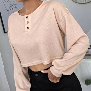 Half Button Drop Shoulder Crop Tee
